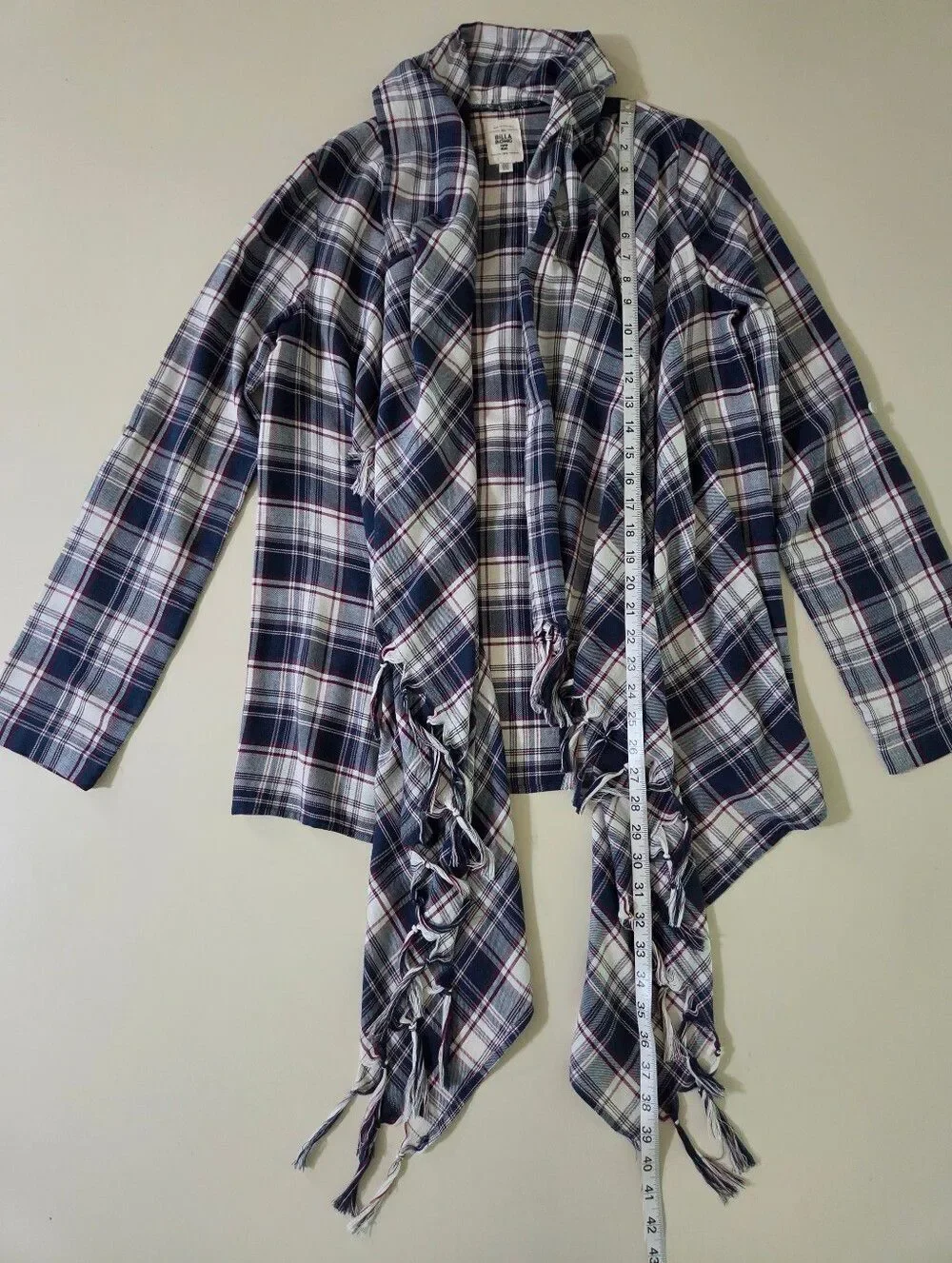 Billabong Navy Plaid Liv It Up Cardigan Flyaway Fringe Front Top - Picture 7 of 16